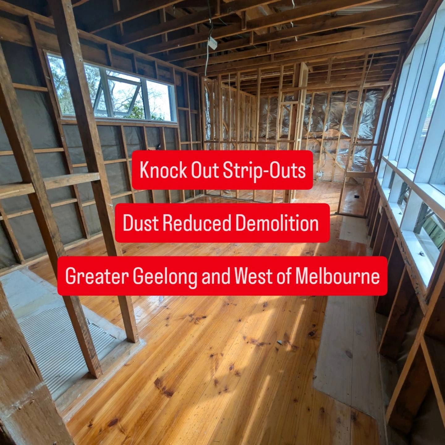 Residential renovation with exposed studs and windows